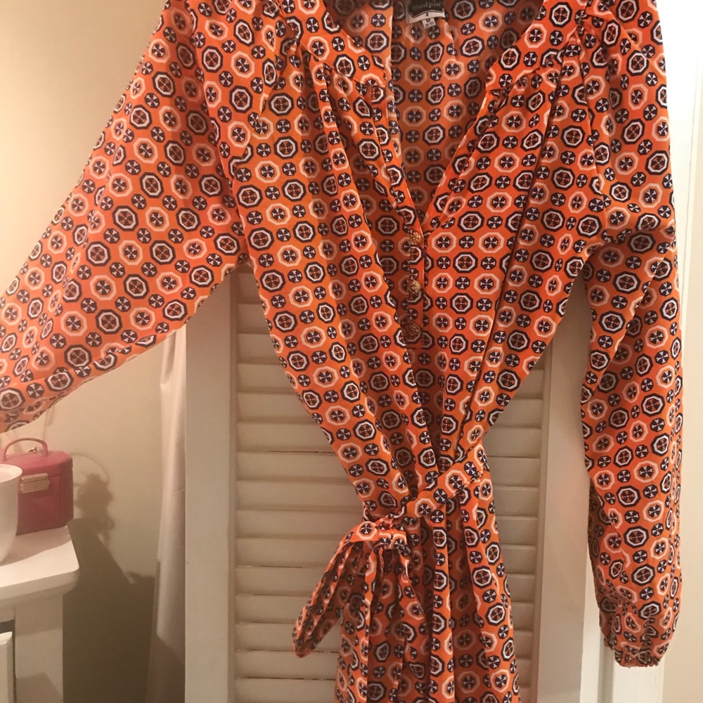 Orange and Navy Print tie waist dress- M